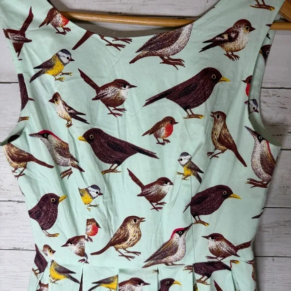 Luouse Retro Pinup Bird Print Fit And Flare Dress Mint Green Sleeveless Size Med - Picture 3 of 7